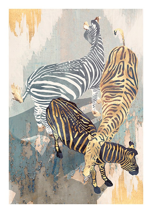  – Graphic illustration with zebras in gold, black and white, on a painted background in beige, blue and gold