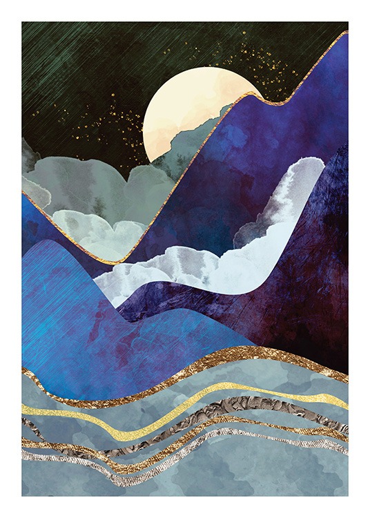  – Graphic illustration with mountains in dark blue lined with gold, with a moon behind them