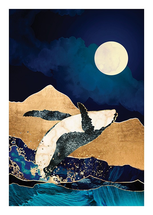  – Graphic illustration of a moon and gold mountains behind a whale breaching in the water