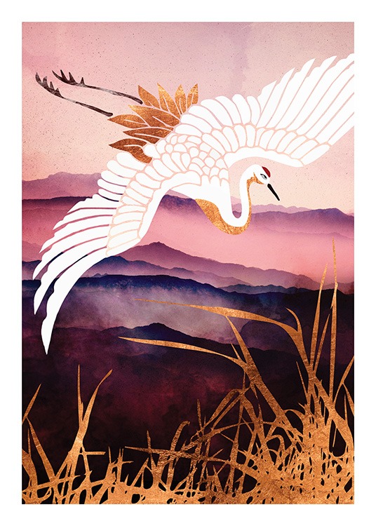  – Graphic illustration of a crane in white and gold, flying over gold grass and pink and purple fields