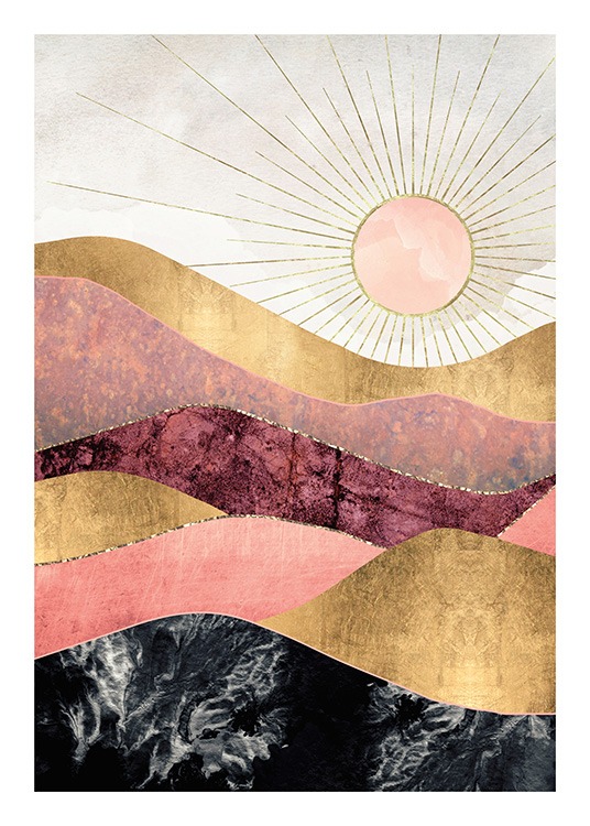  – Graphic illustration with mountains in pink, red and black with a gold lining, and a sun in the background