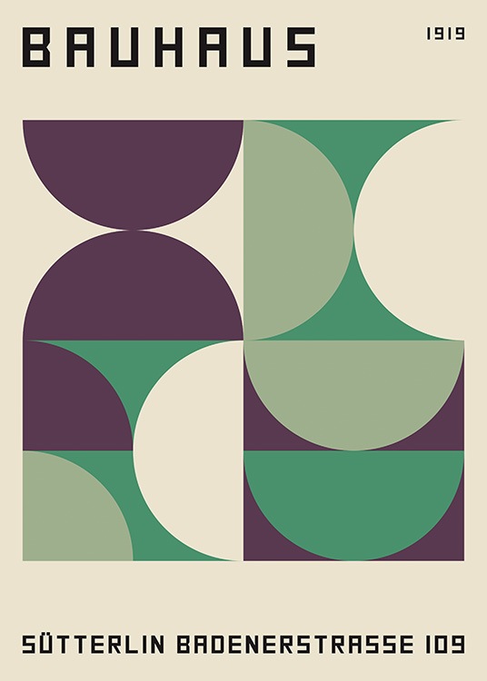  – Graphic illustration with green and purple geometric shapes on a beige background