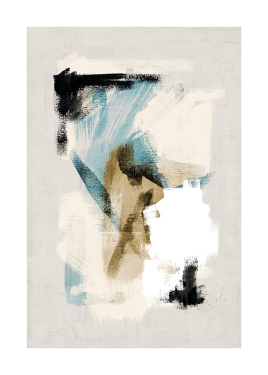  – Painting with abstract brush strokes in white, blue, beige and black, on a beige background