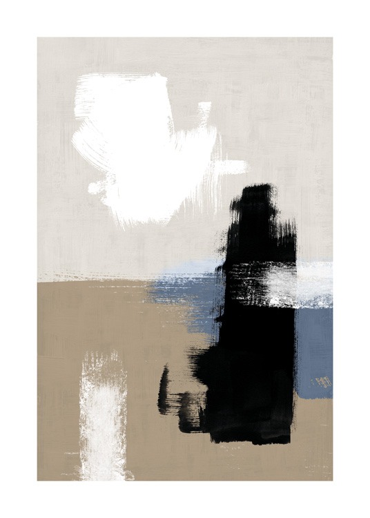  – Painting with shapes in black, white and blue against a brown and beige background