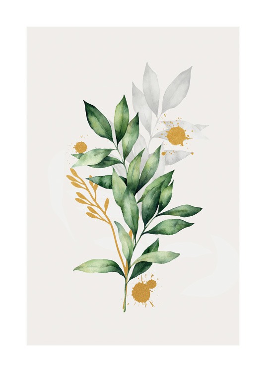  – Green, white and golden leaves painted in aquarelle on a light yellow background