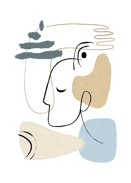  – Illustration with abstract shapes in blue and beige, and a hand and face in line art on a white background