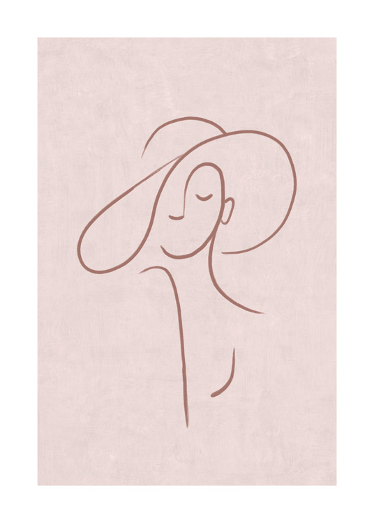  – Illustration in line art of a woman wearing a hat against a pink, speckled background