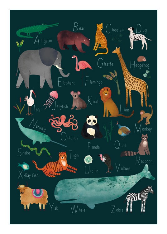  – Illustration with animals on a green background with their names starting on each letter of the alphabet