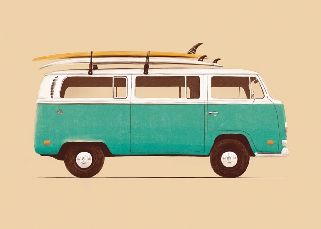  – Illustration of a vintage van in green and white, with surfboards on the roof