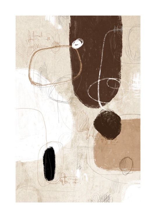  – Painting with abstract shapes in brown, white and black on a beige background