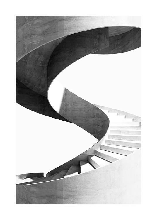  – Black and white photograph of a marble spiral staircase against a white background