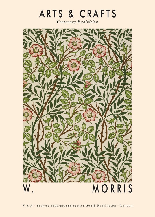  – Illustration with a pattern of green leaves and red flowers against a beige background