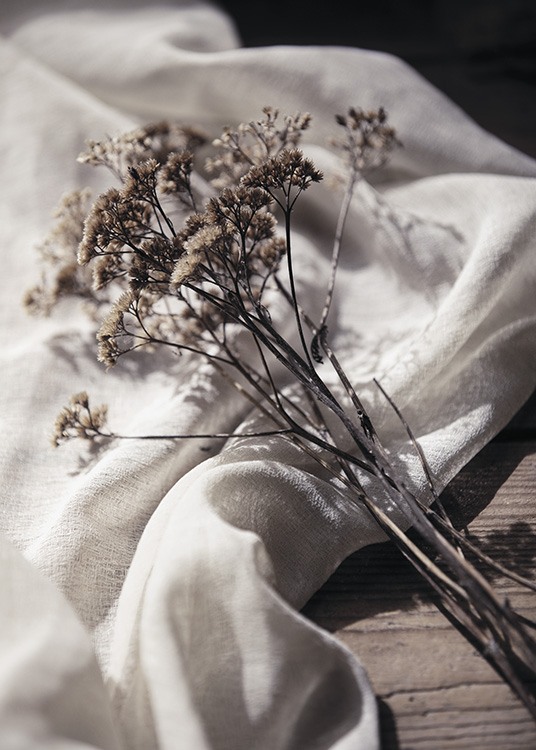  – Photograph of dried flowers in a bundle, with a white linen cloth underneath them