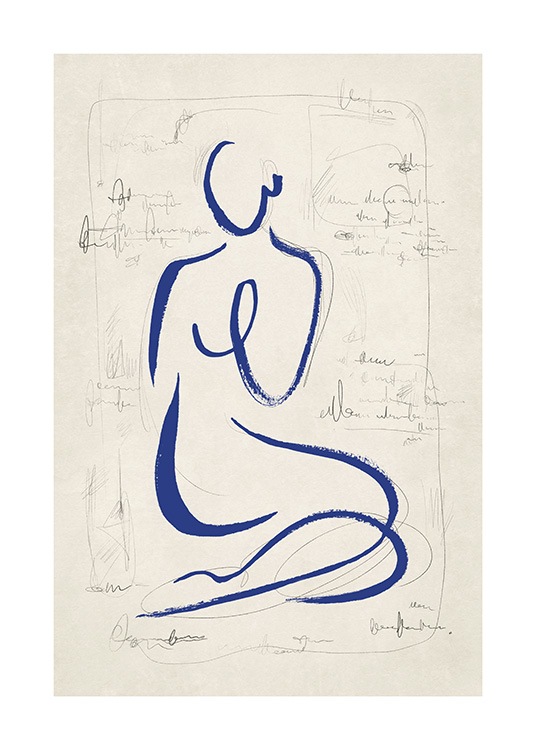  – Sketch of a body in blue line art surrounded by text and lines, on a beige background