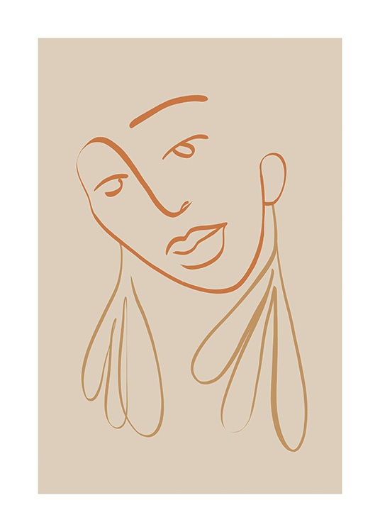  – Drawing of a face in orange line art with large earrings, on a beige background