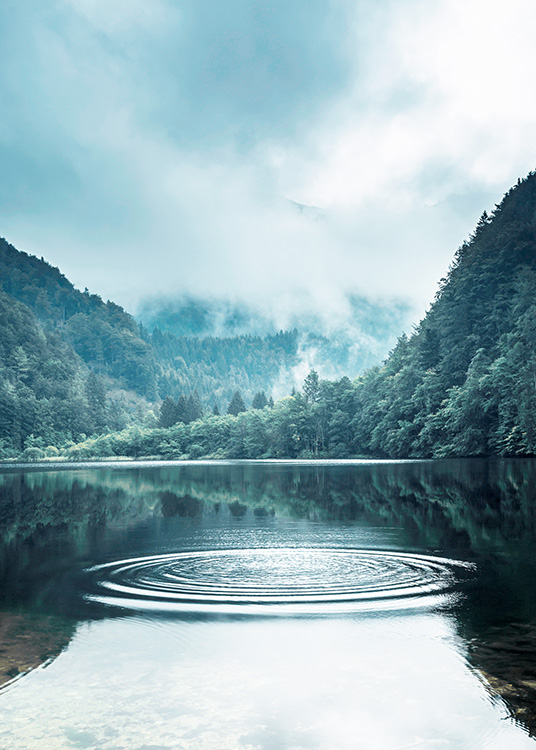  – Photograph of rings on the water in a lake, with a large forest and fog in the background