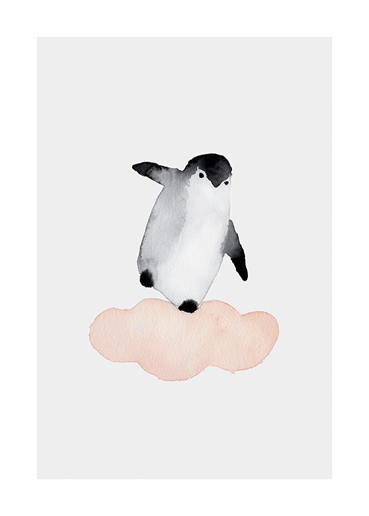  – Painting in watercolor of a penguin balancing on a pink cloud, against a light grey background