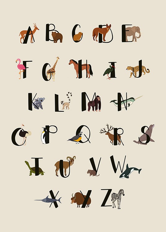  – Graphic illustration of the alphabet in black, with animals behind each of the letters