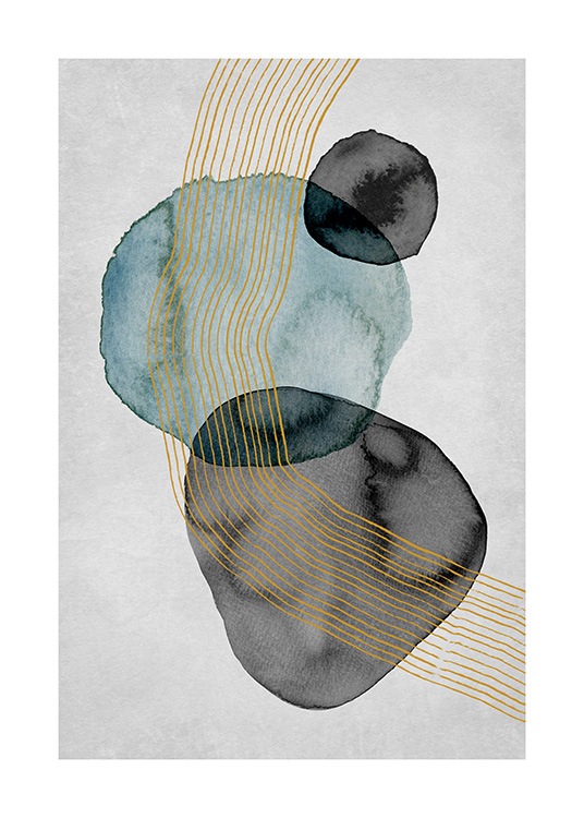 – Painting in watercolor with black and blue circles and gold lines on a grey background