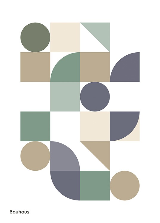  – Graphic illustration with Bauhaus written at the bottom and geometric shapes in beige, purple and green