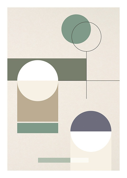  – Graphic illustration with purple, white and green shapes on a beige background