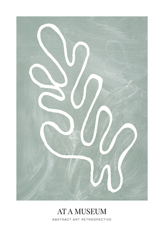  – Graphic illustration of an abstract leaf outlined in white, on a mint green background with text underneath