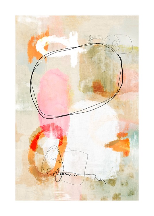 – Abstract watercolor painting with shapes in orange, pink, black and white on a beige and green background