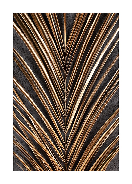  – Photograph with close up of a palm leaf in gold, on a dark grey background