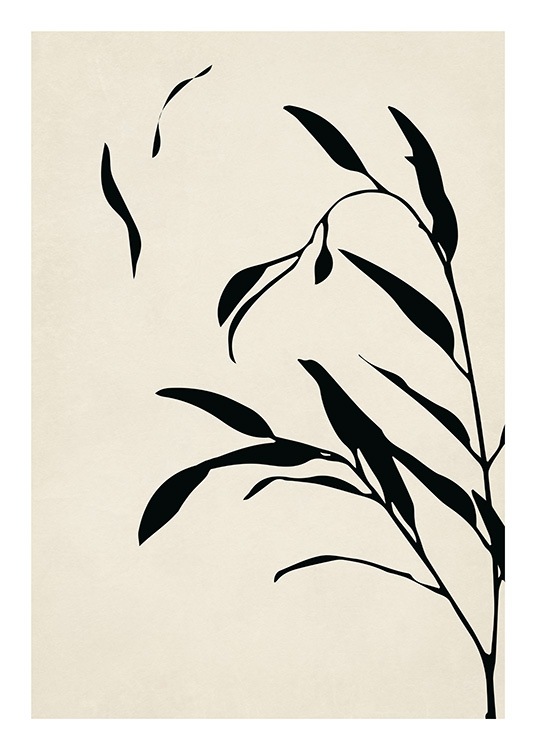  – Graphic illustration of black branches with black leaves, on a beige background