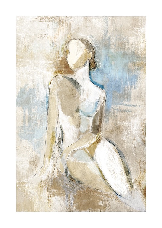  – Painting of a naked woman in a sitting pose, on a beige and blue background