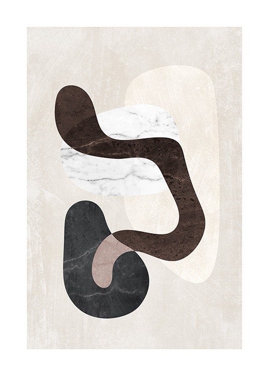  – Graphic illustration with a bunch of abstract shapes in beige, black, white and brown with marble structure