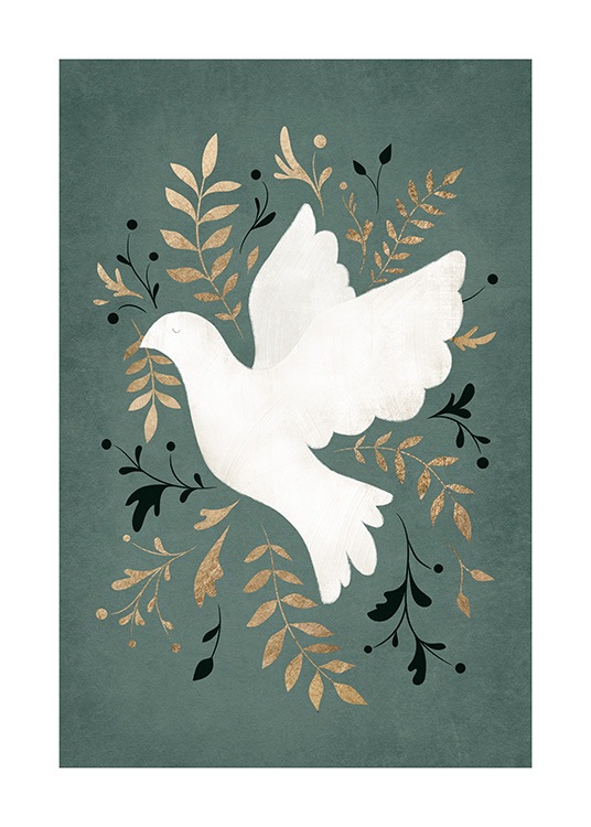 – Illustration of a white peace dove and leaves in gold and black on a green background