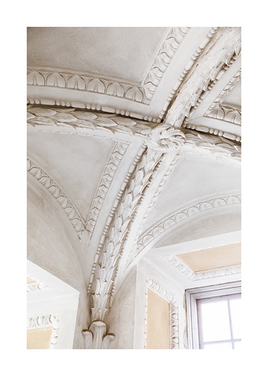  – Photograph of carved out details of a beige, baqorue ceiling