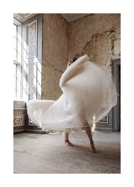  – Photograph of a woman wearing a white tulle skirt, dancing in a baroque room