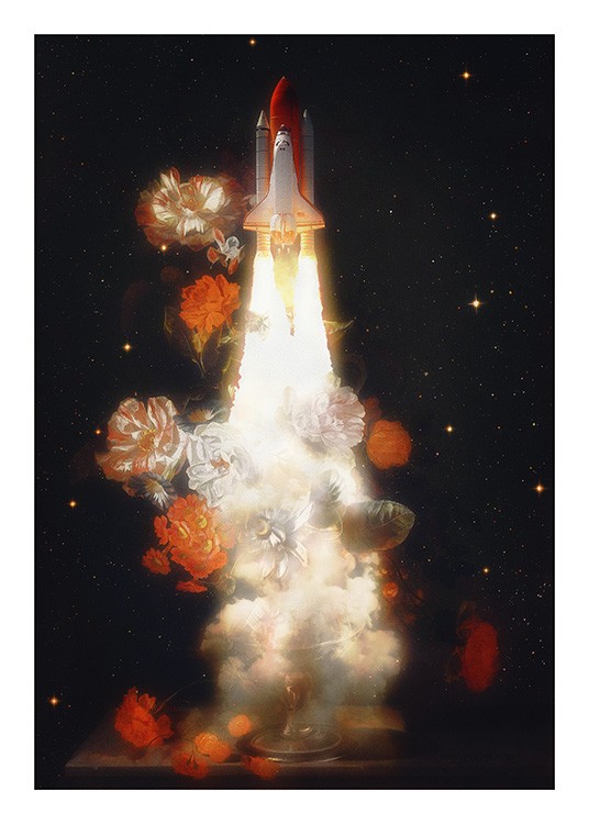  – Painting with flowers underneath a space shuttle, against a dark grey background with stars