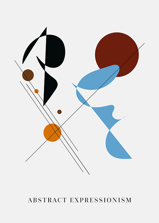  – Graphic illustration with lines and abstract shapes in brown, blue and black on a light grey background