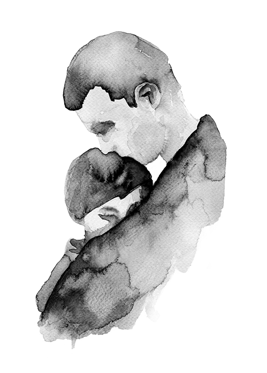  – Painting in watercolor of a couple embracing each other, painted in grey on a white background