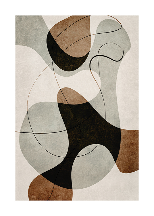  – Graphic illustration with abstract shapes and lines in brown and grey on a beige background