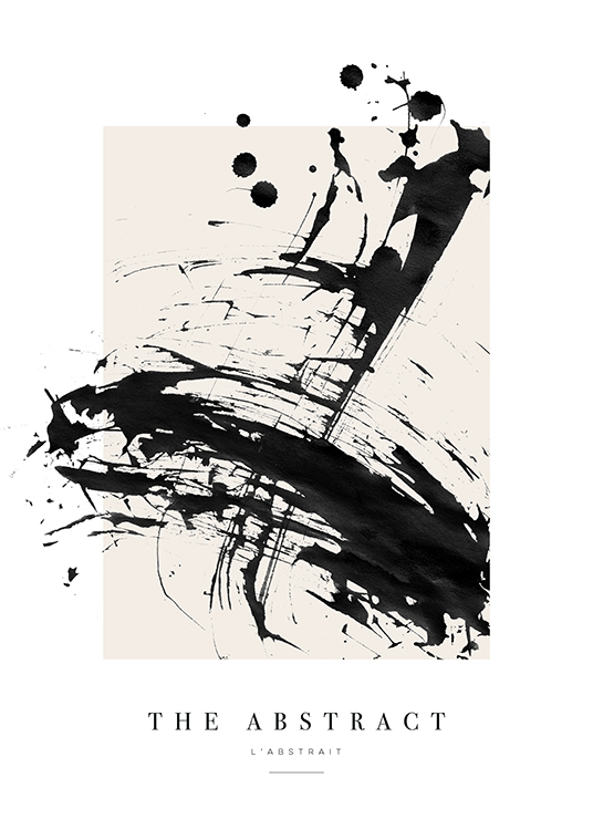  – Painting with abstract, black paint splatter against a beige background and text at the bottom
