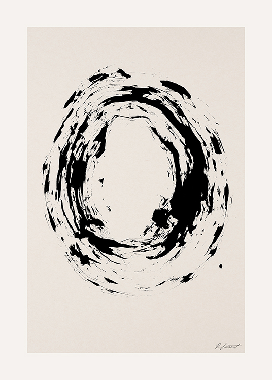  – Painting with a circle painted in black with an uneven structure, on a beige background