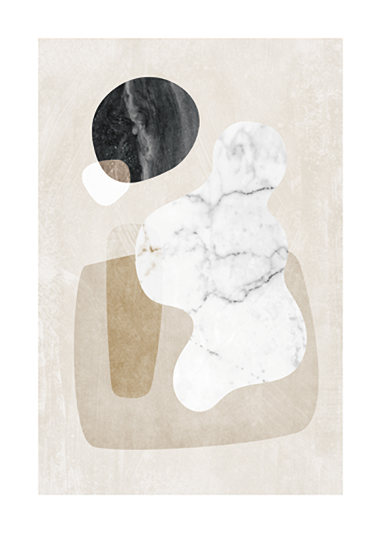  – Graphic illustration with beige, grey and white shapes on a beige background with a marble structure