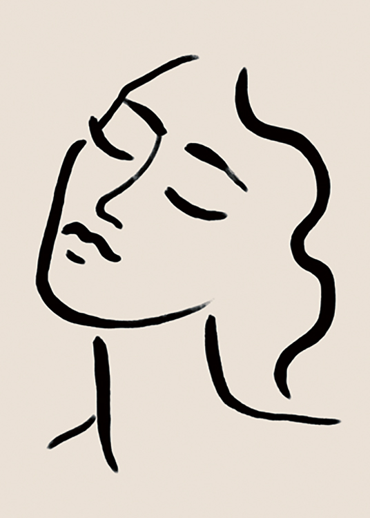  – Illustration of a woman drawn in black line art with closed eyes, on a beige background