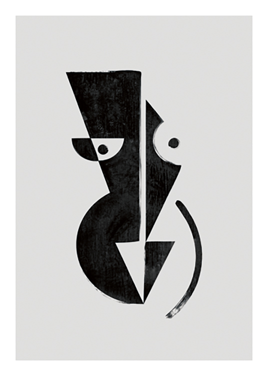  – Graphic illustration with a black, abstract body made of geometric forms against a grey background