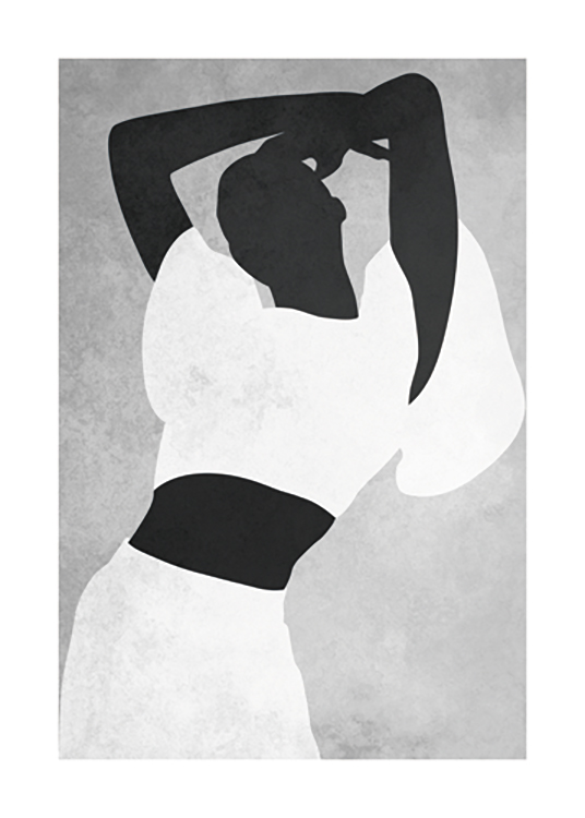  – Graphic illustration of a woman in white clothes with her arms held above her head, against a grey background