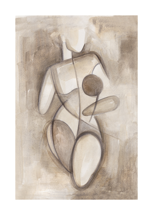  – Watercolor sketch in beige and brown of a naked, female body drawn with blocks