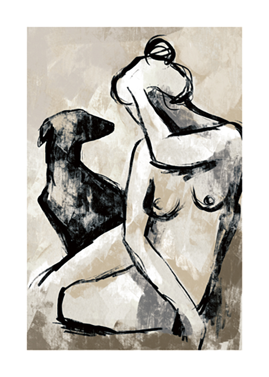  – Illustration with a naked woman sitting next to a dog against a beige background