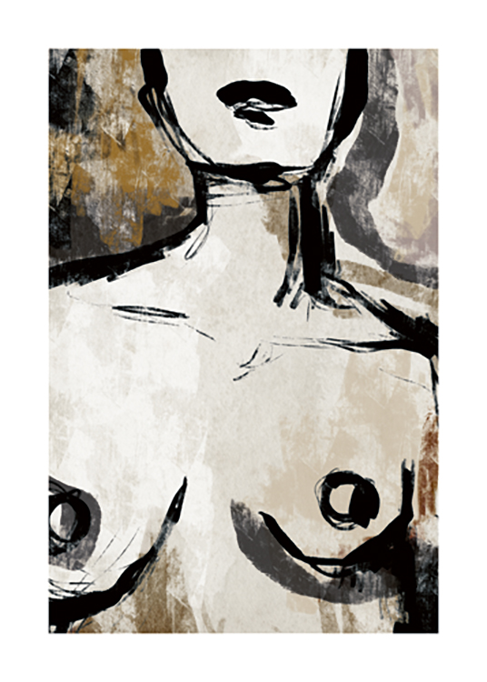  – Illustration of a woman's naked chest and neck in beige and black against a brown and beige background