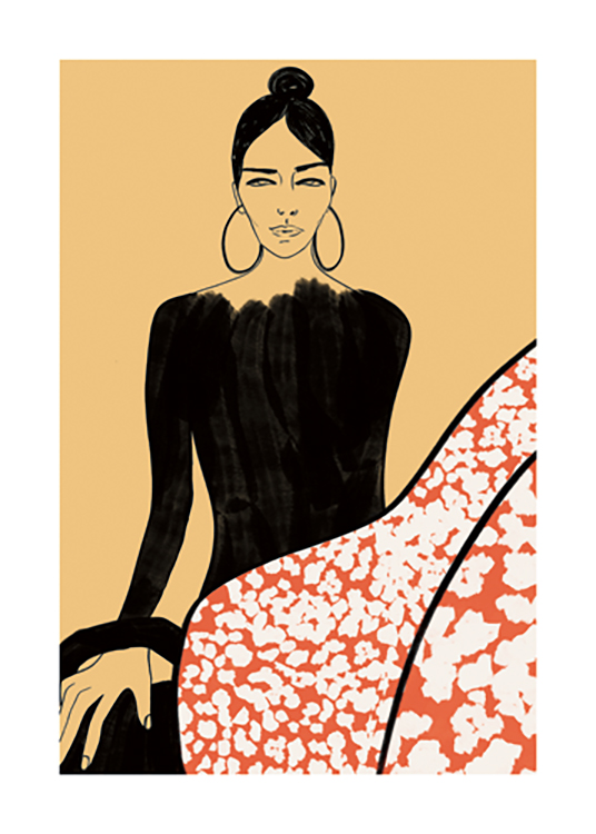  – Graphic illustration of a woman in a black top and red skirt with white flowers