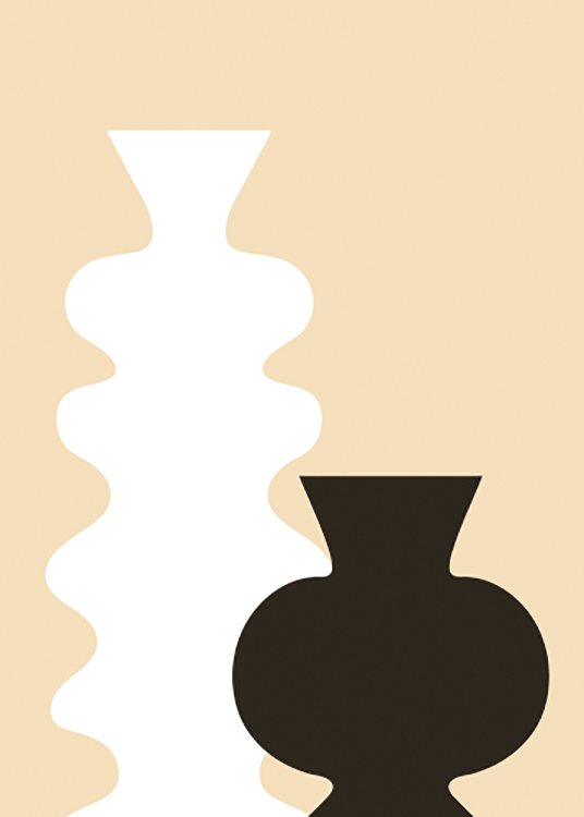  – Graphic illustration of a pair of black and white vases with curved silhouettes, on a yellow background