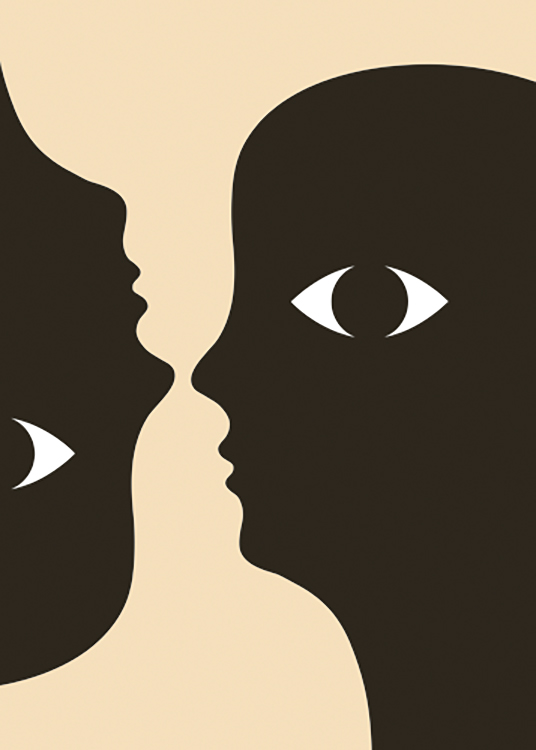  – Graphic illustration of a pair of black face silhouettes with eyes on the sides, on a yellow background